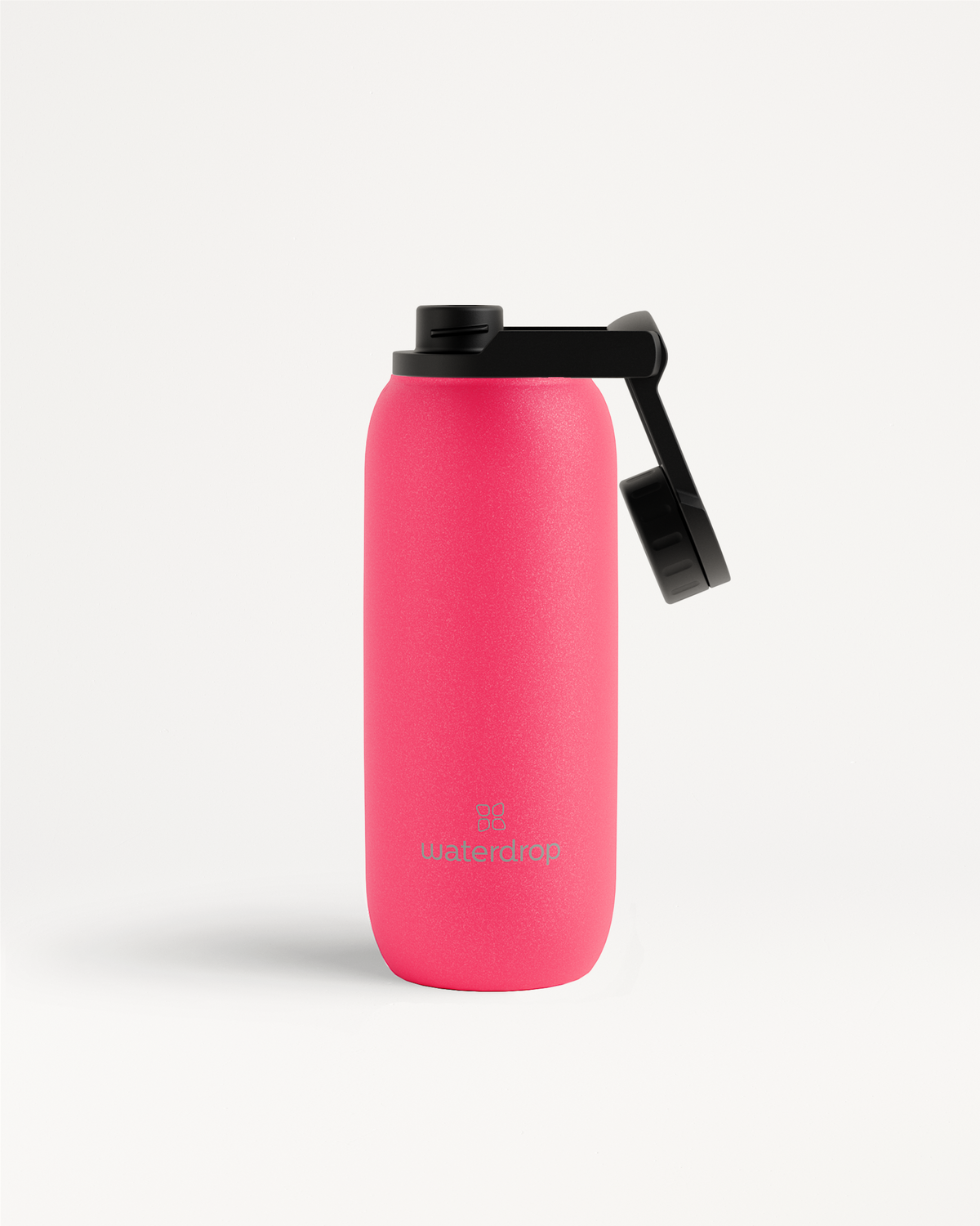 All-Purpose Thermo · Swing Lid pinke Wasserflasche mit schwarzem Deckel.
