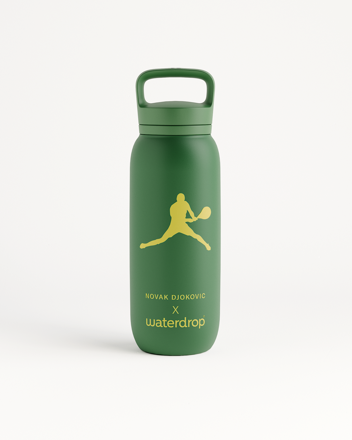 Novak Djokovic waterdrop all-purpose Thermo Spout Lid Bottle with yellow logo and tennis silhouette, featuring double-walled stainless steel for 24-hour cold hydration.