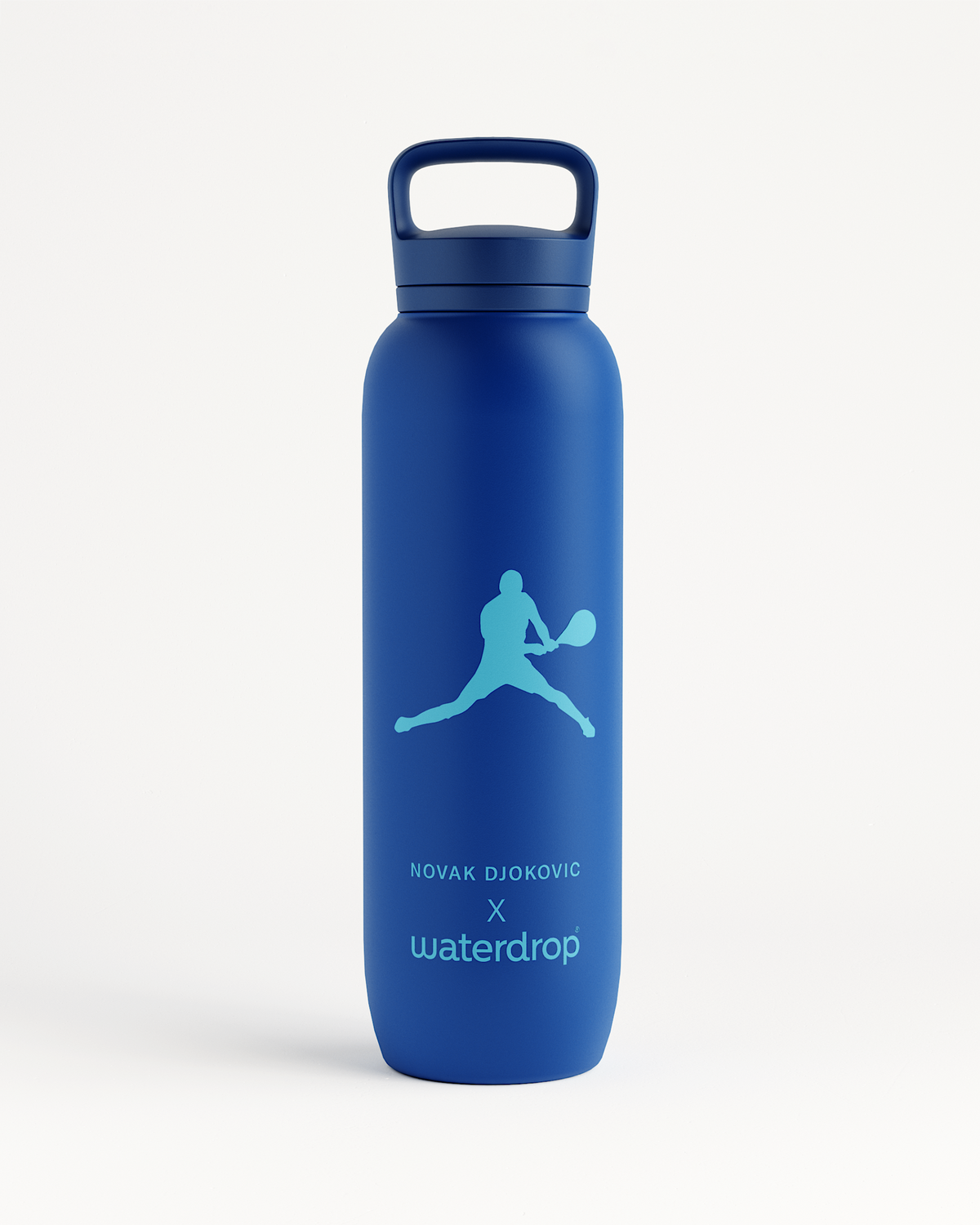 Novak Djokovic All-Purpose Thermo Spout Lid Bottle with his logo, double-walled stainless steel for keeping drinks cold up to 24 hours.