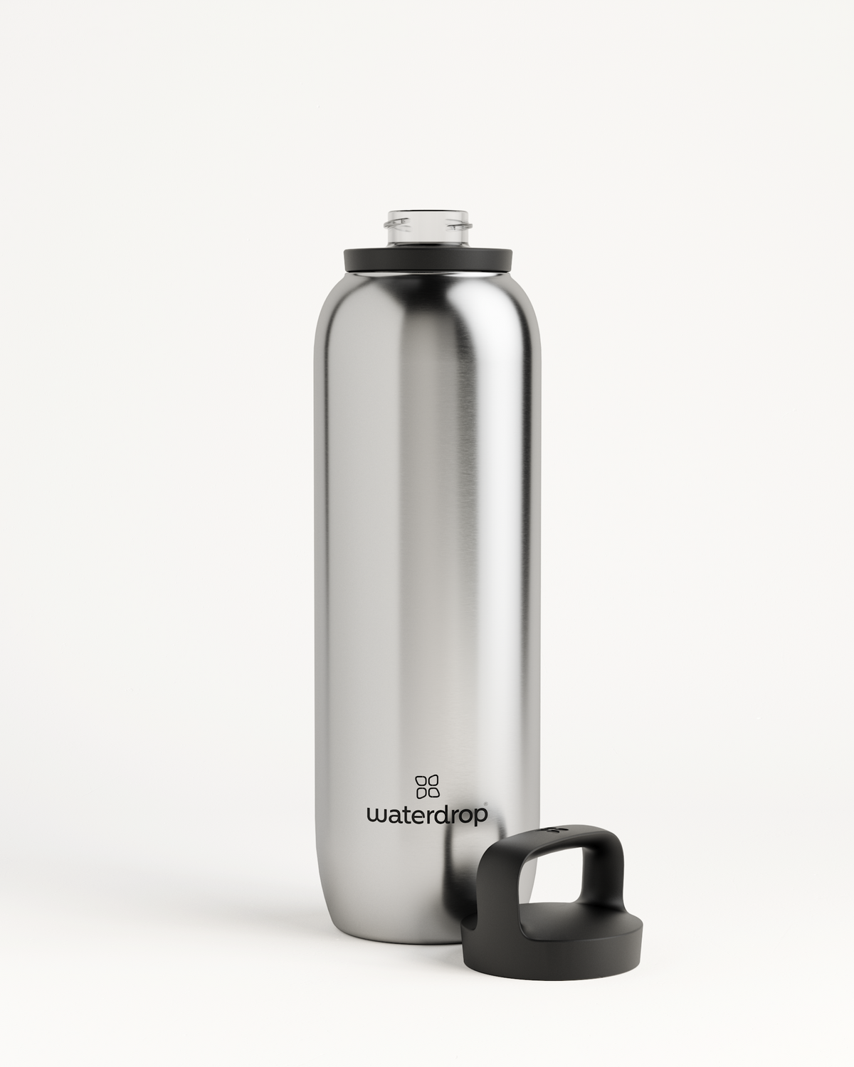 All-Purpose Thermo · Spout Lid, isolierende Edelstahlflasche mit schwarzem Deckel.