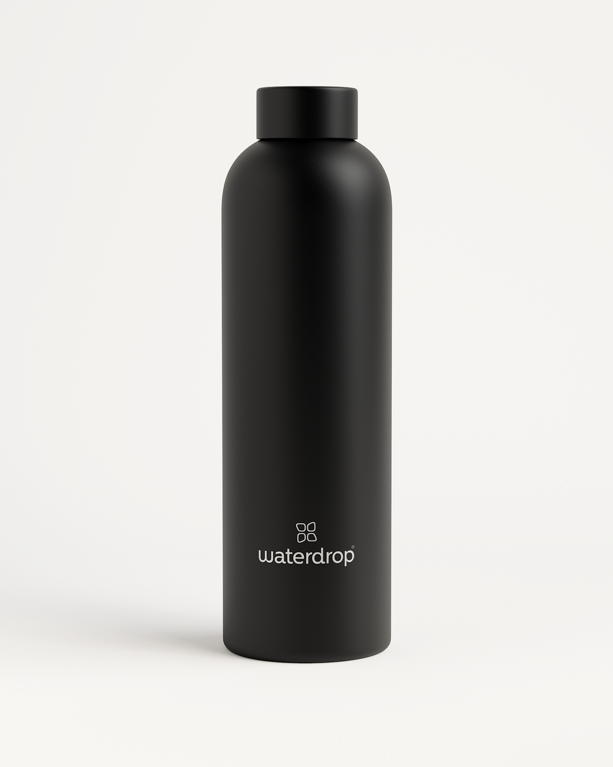 Classic Thermo Steel Flasche, schwarze Edelstahlflasche mit weißem Text.