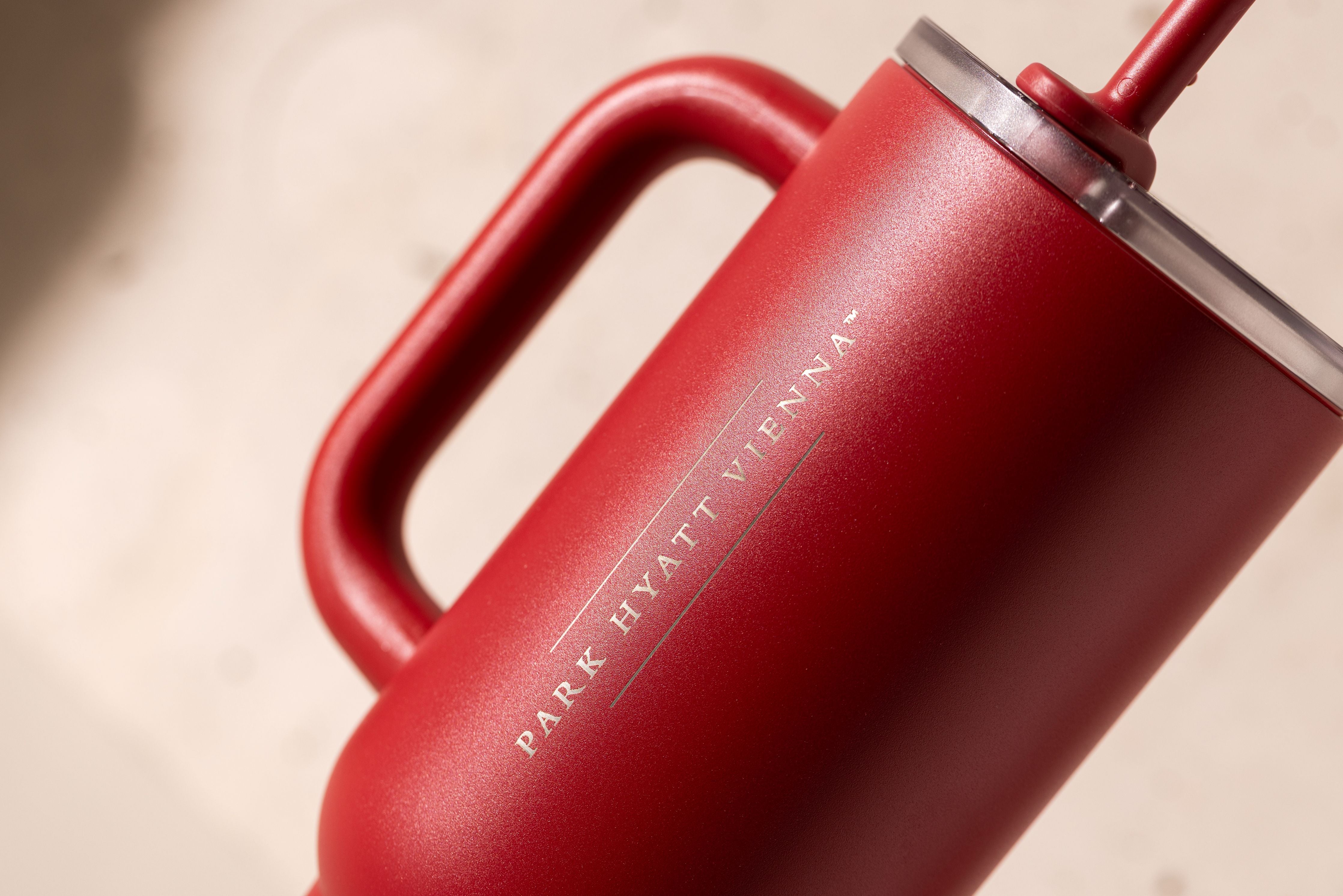 Close-up of an engraved waterdrop bottle