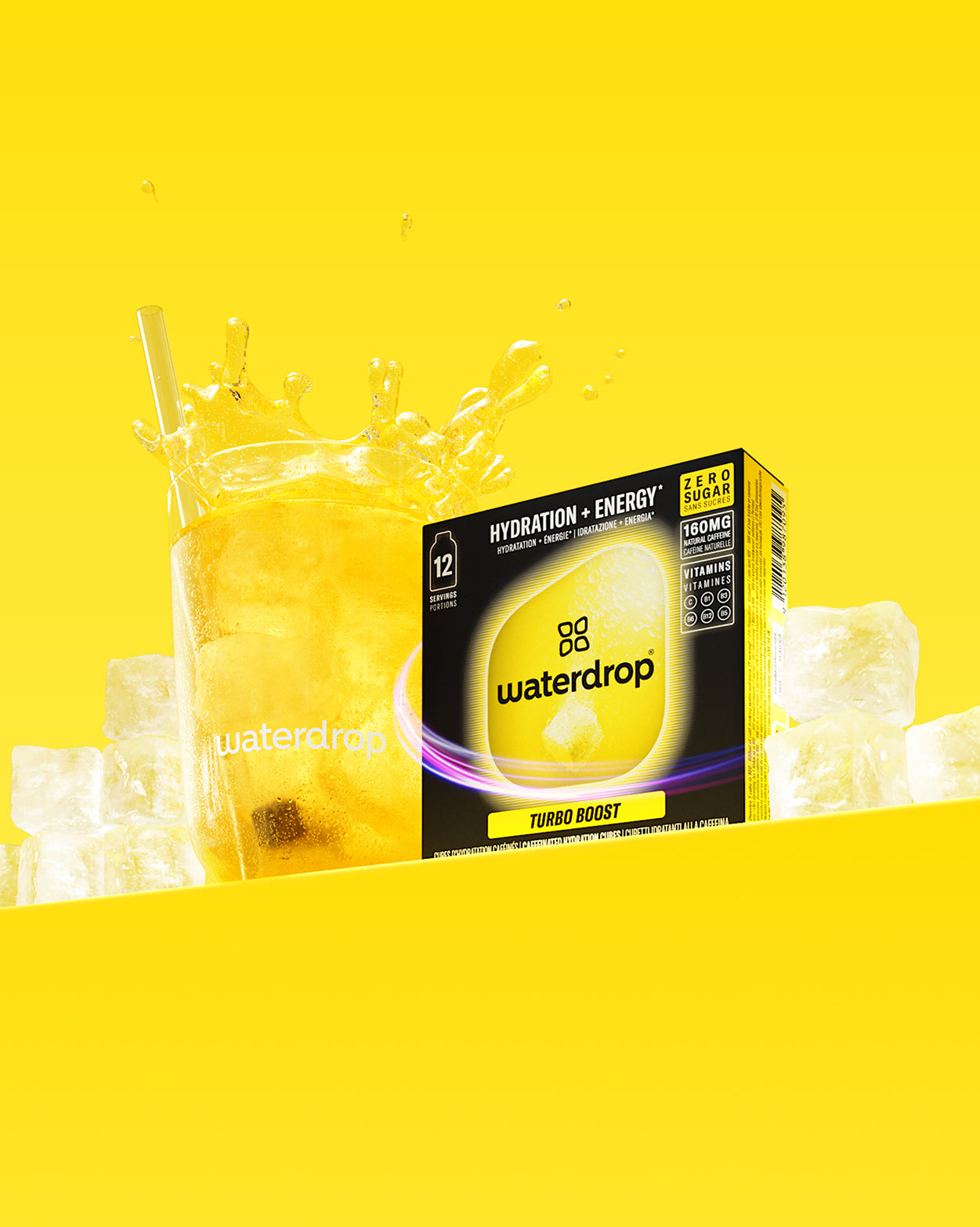 TURBO BOOST drink cubes with iced beverage splash.