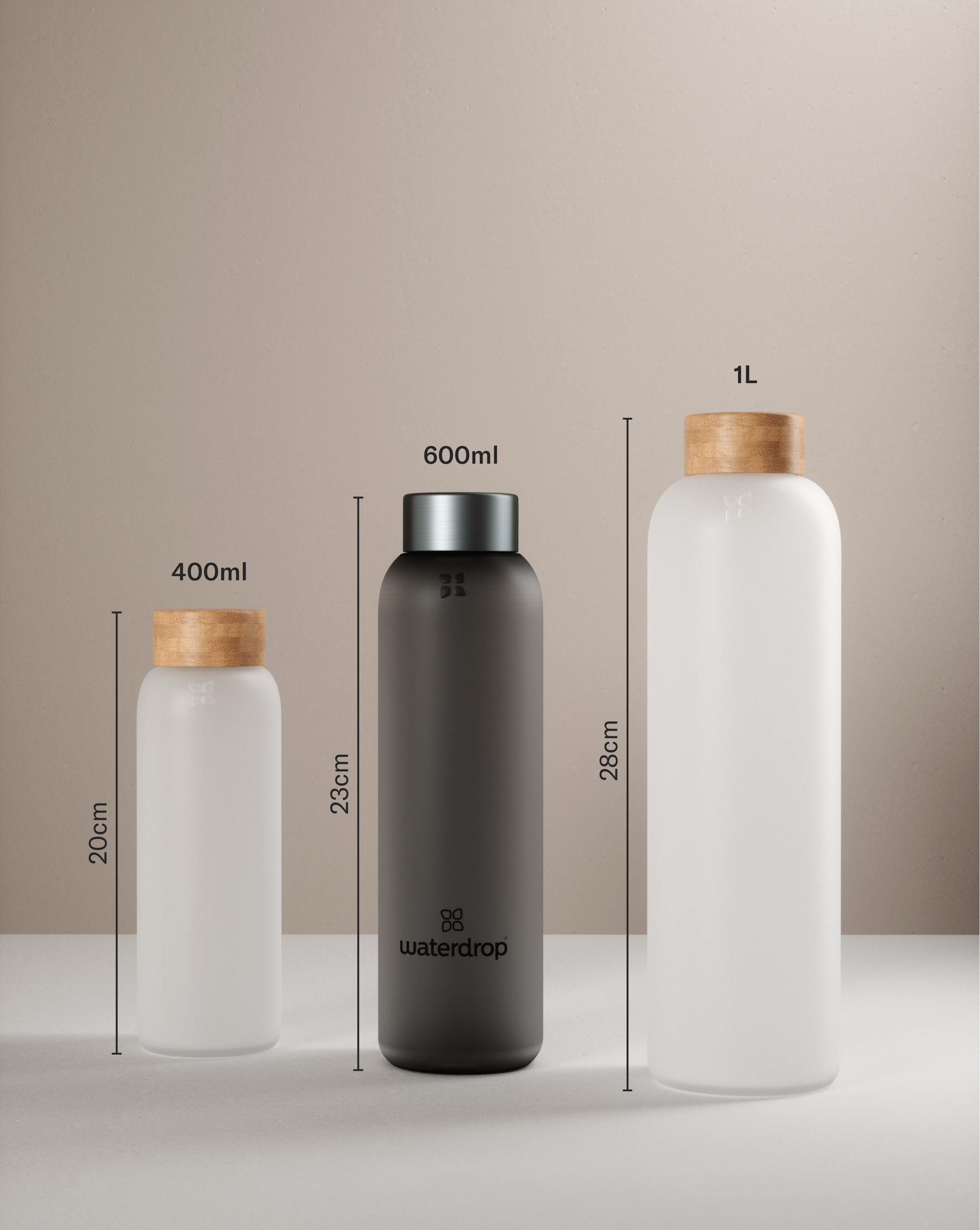 Frosted Glass Flasche aus robustem Borosilikatglas.