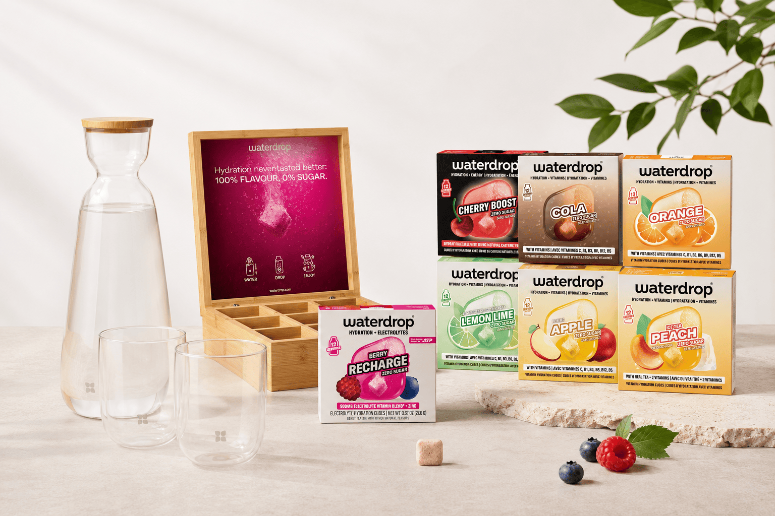 The Founders' Office Set - 7 flavors, glass carafe, two glasses, and a bamboo presentation box